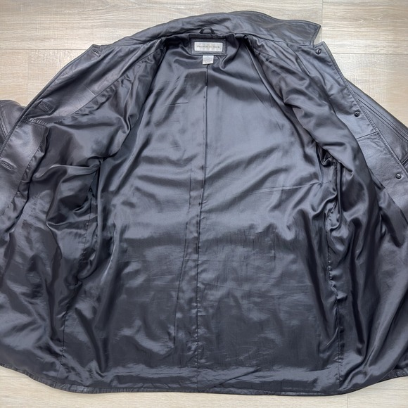 Preston & York Black Genuine Leather Belted Button Up Belt Tie Coat Mid Length L - Picture 7 of 11